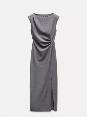 Zara Gray Midi Sheath Dress with Side Gather